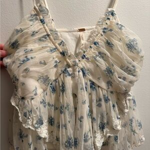 Free People Cream and Blue Floral Camisole